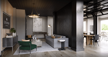 a living room with a gray couch and chairs and a table at Livano Prosper, Prosper, TX